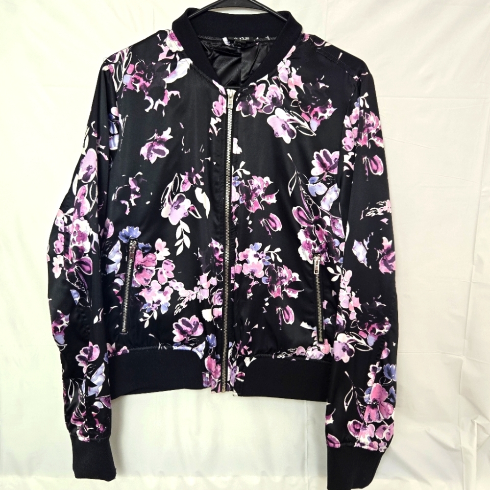 a.n.a. Black Pink Floral Zip Front Lined Jacket Women's Size Large Satin Feel